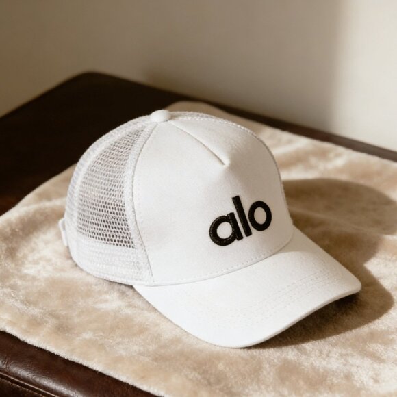ALO Yoga Accessories - Alo Yoga White Trucker Hat with Black Embroidered Logo